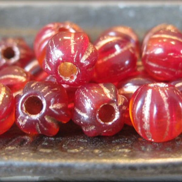 6mm Czech Glass BIG HOLE Melon Bead - Candy Apple Ruby Red with Copper Wash, 25 Beads