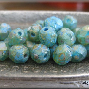 6mm Czech Glass Fire Polished Beads - ETCHED Transparent Green Picasso with Heavy Blue Wash , 25 Beads