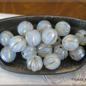 NEW 8mm FACETED Czech Glass Melon Bead White Opal and Clear Glass Marbled with AB Luster and Golden Wash, 20 Beads image 4