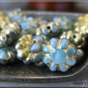 9mm Cactus Flower Beads - Opaque and Transparent Aqua Blue Marbled with Golden Half Coat, 25 Beads