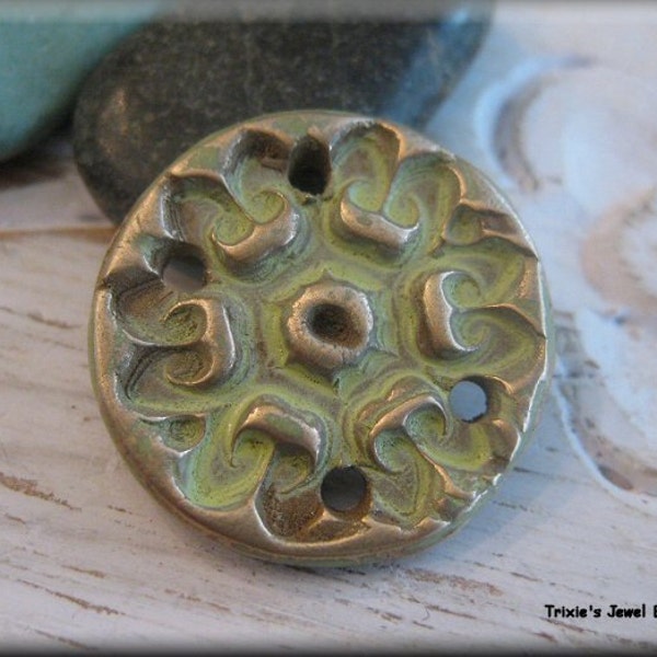 Handmade Solid Bronze Round Connector or Bracelet Component - Yellow-Green Patina!