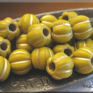 8mm Czech Glass BIG HOLE Melon Bead - Matte Mustard Yellow with a Tinge of Green and a Golden Wash, 20 Beads