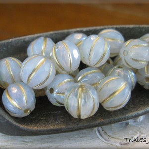 NEW 8mm FACETED Czech Glass Melon Bead White Opal and Clear Glass Marbled with AB Luster and Golden Wash, 20 Beads image 3