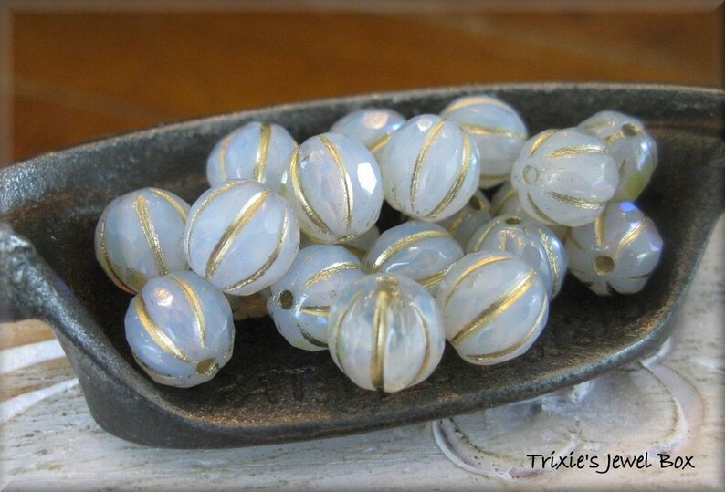 NEW 8mm FACETED Czech Glass Melon Bead White Opal and Clear Glass Marbled with AB Luster and Golden Wash, 20 Beads image 3