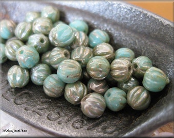 4mm Czech Glass Melon Bead - Blue-Green Turquoise Picasso, 50 Beads
