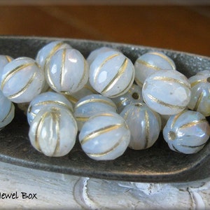 NEW 8mm FACETED Czech Glass Melon Bead White Opal and Clear Glass Marbled with AB Luster and Golden Wash, 20 Beads image 2