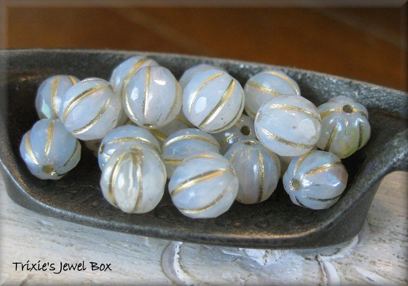 NEW 8mm FACETED Czech Glass Melon Bead White Opal and Clear Glass Marbled with AB Luster and Golden Wash, 20 Beads image 2