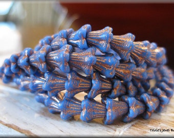 5mm x 6mm Czech Glass "Baby" Bell Flower Beads - Periwinkle Blue with Copper Wash, 30 beads