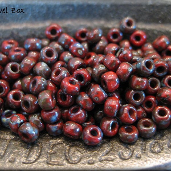 Size 8/0 Miyuki Round Seed Beads -  Opaque Red Picasso, 10 grams