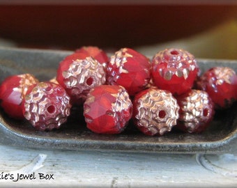 NEW SIZE! 8mm Faceted Cathedral Cut Beads - Opaque Marbled Ruby Red with Golden Wash, 15 Beads