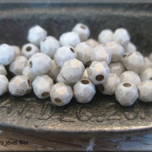 4mm Czech Glass Fire Polished Beads - ETCHED Winter White with Gold Wash, 50 Beads