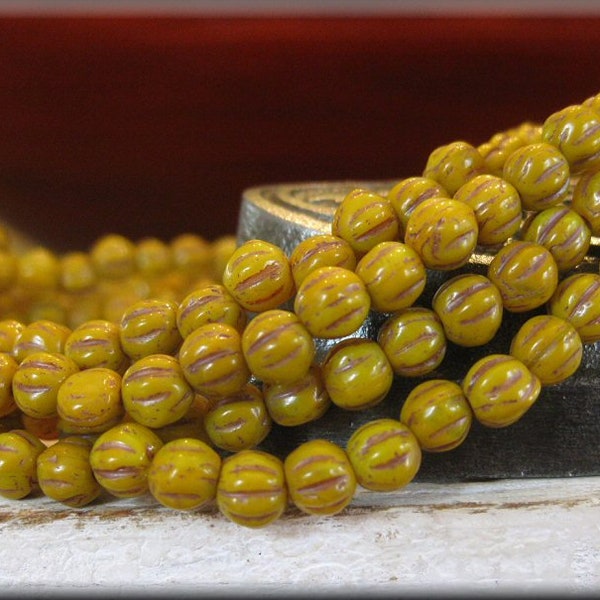 4mm Czech Glass Melon Bead -Opaque Mustard Yellow with Brown Wash, 50 Beads