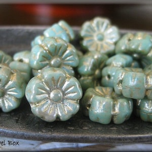 9mm Czech Glass Hibiscus Flower Beads - Opaque Green Turquoise Picasso with Golden Wash, 16 Beads