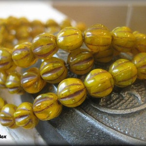 6mm Czech Glass Melon Bead - Yellow with Brown Wash, 25 Beads