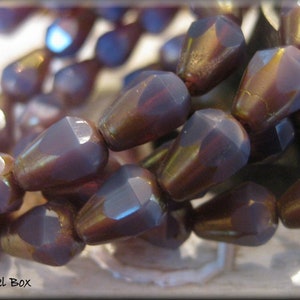 6mm x 8mm Czech Glass Bottom Faceted Drop Beads - Purple Opal with Picasso Luster, 15 Beads