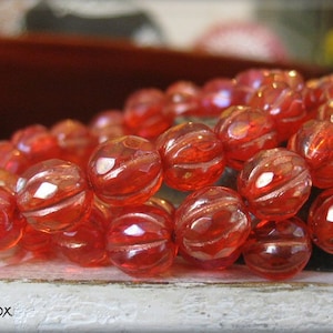 NEW - 8mm FACETED Czech Glass Melon Bead -Transparent Ruby Red with Metallic Pink Luster and Copper Wash , 20 Beads
