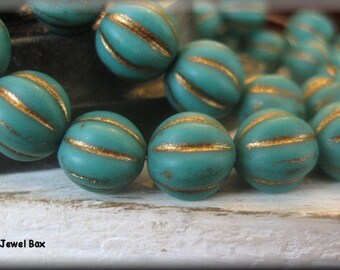 8mm Czech Glass Melon Bead - Matte Deep Turquoise with Copper Wash, 20 Beads