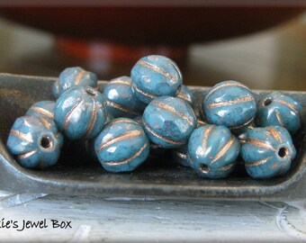 NEW - 8mm FACETED Czech Glass Melon Bead - Teal Blue Turquoise with Bronze Luster and Copper Wash, 20 Beads
