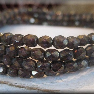 4mm Czech Glass Fire Polished Beads - Dark Amethyst Old Bronze Luster, 50 Beads