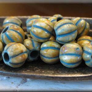 NEW - 8mm Czech Glass BIG HOLE Melon Bead - Beige Picasso with Blue Wash, 20 Beads