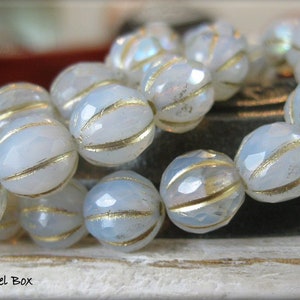 NEW 8mm FACETED Czech Glass Melon Bead White Opal and Clear Glass Marbled with AB Luster and Golden Wash, 20 Beads image 7