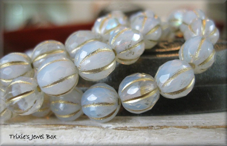 NEW 8mm FACETED Czech Glass Melon Bead White Opal and Clear Glass Marbled with AB Luster and Golden Wash, 20 Beads image 7