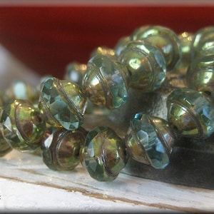 8mm x 10mm Czech Glass Saturn Rondelle Beads - Transparent Aqua with Golden Luuster, 10 Beads