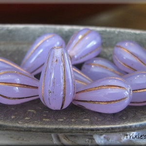 13mm x 8mm Czech Glass Melon Teardrop Beads - Lilac Opal with Bronze Wash, 10 Beads