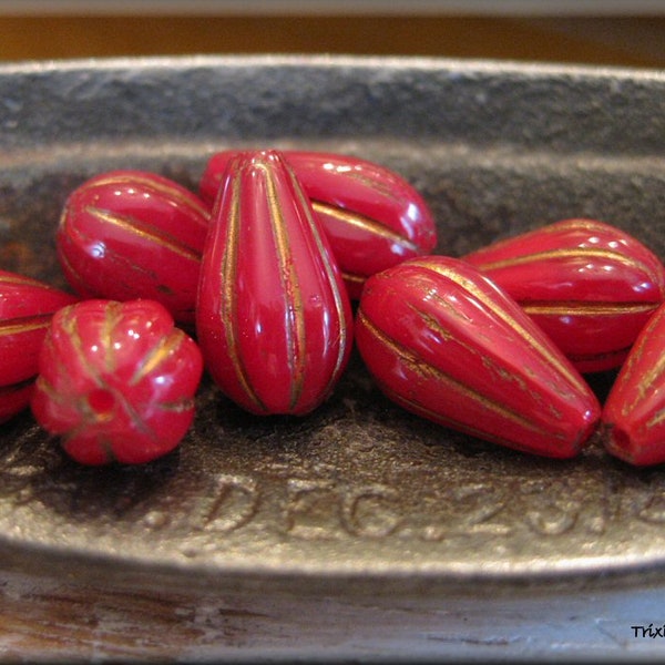 13mm x 8mm Czech Glass Melon Teardrop Beads - Opaque Red Opal with Bronze Wash, 10 Beads