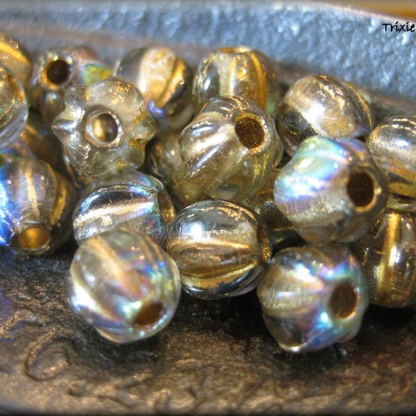 6mm Czech Glass BIG HOLE Melon Bead - Transparent Gold with Golden Wash and AB finish, 25 Beads