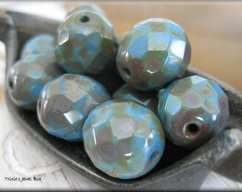 12mm Czech Glass Fire Polished Beads - Ocean Blue Picasso, 5 Beads