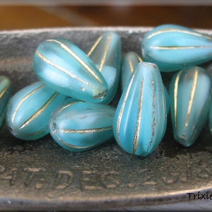13mm x 8mm Czech Glass Melon Teardrop Beads - MATTE Transparent Aqua Blue Green over White with Bronze Wash, 10 Beads