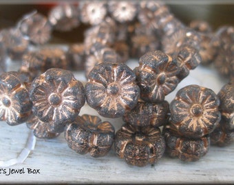 9mm Czech Glass Hibiscus Flower Beads -ETCHED Charcoal Gray with Copper Wash, 16 Beads