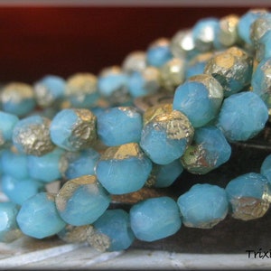 6mm Czech Glass Fire Polished Beads - ETCHED Opal Aqua Blue with Golden Half Coat , 25 Beads