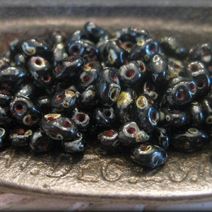 Czech Glass MiniDuo Seed Bead - Jet Black Picasso, 10 grams