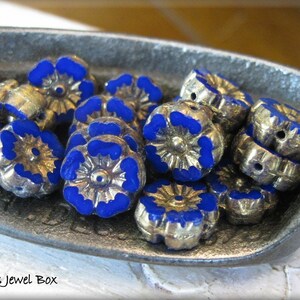 9mm Czech Glass Hibiscus Flower Beads - Vibrant Indigo Blue with Golden Wash, 16 Beads