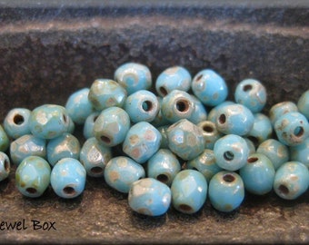 3mm Czech Glass Fire Polished Beads - Sky Blue Picasso, 50 Beads