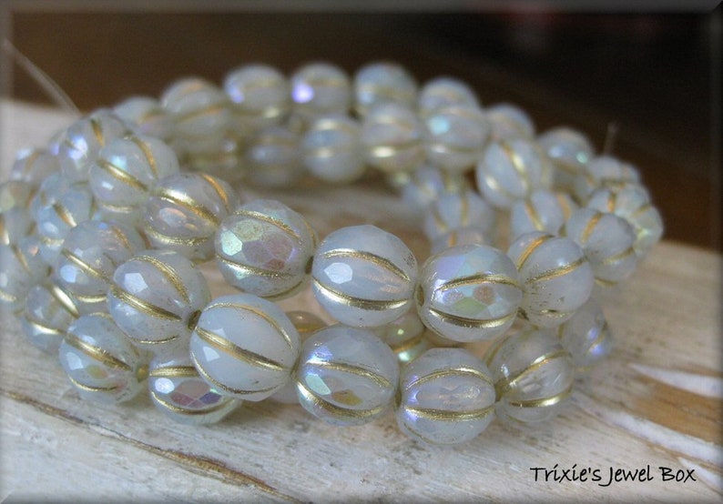NEW 8mm FACETED Czech Glass Melon Bead White Opal and Clear Glass Marbled with AB Luster and Golden Wash, 20 Beads image 10