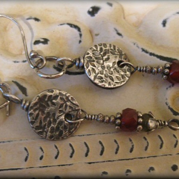 Fine Silver PMC Earrings with Faceted Carnelian Rondelles, Green Garnets, Hilltribe Silver, and Sterling Silver Earwires