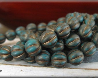 8mm Czech Glass Melon Bead - Etched Teal Blue Green with Coppery Wash, 20 Beads