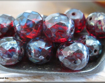 12mm Czech Glass Fire Polished Beads - Transparent Dark Ruby Red Picasso, 5 Beads