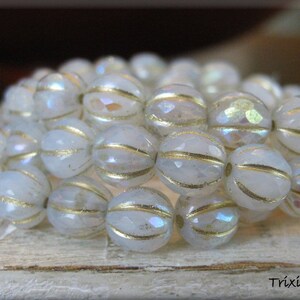 NEW 8mm FACETED Czech Glass Melon Bead White Opal and Clear Glass Marbled with AB Luster and Golden Wash, 20 Beads image 9