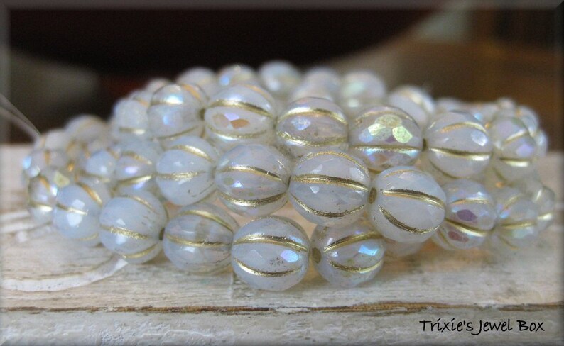 NEW 8mm FACETED Czech Glass Melon Bead White Opal and Clear Glass Marbled with AB Luster and Golden Wash, 20 Beads image 9
