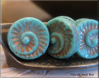 19mm Czech Glass Fossil Bead - Opaque Turquoise with Bronze Wash, 1 Bead