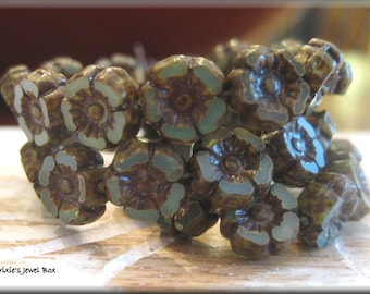 7mm Czech Glass Hibiscus Flower Beads - Soft Blue Opal Picasso, 12 Beads