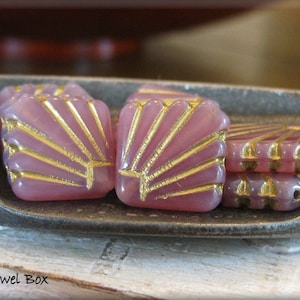 TWO (2) Beads - 17mm x 17mm Czech Glass Art Deco Fan Beads - Rose Pink Opal with Golden Wash, TWO (2) Beads