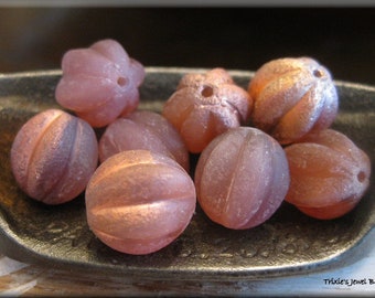 NEW SIZE!!! 12mm Czech Glass Melon Beads - Etched Pink Lemonade with Copper Luster, 15 Beads