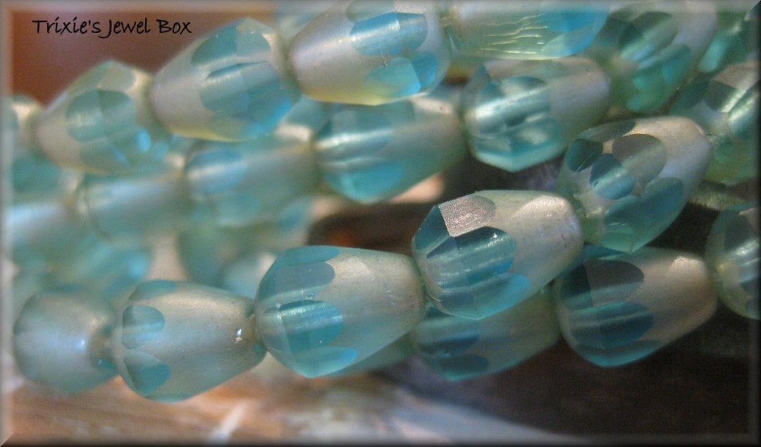 thumbnail image 2 of Handmade Czech Glass Teardrop Beads – Aqua White Blend With Bronze Facets, 19x8mm For Jewelry Making 2 of 5