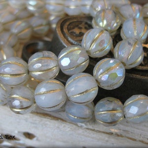 NEW 8mm FACETED Czech Glass Melon Bead White Opal and Clear Glass Marbled with AB Luster and Golden Wash, 20 Beads image 8