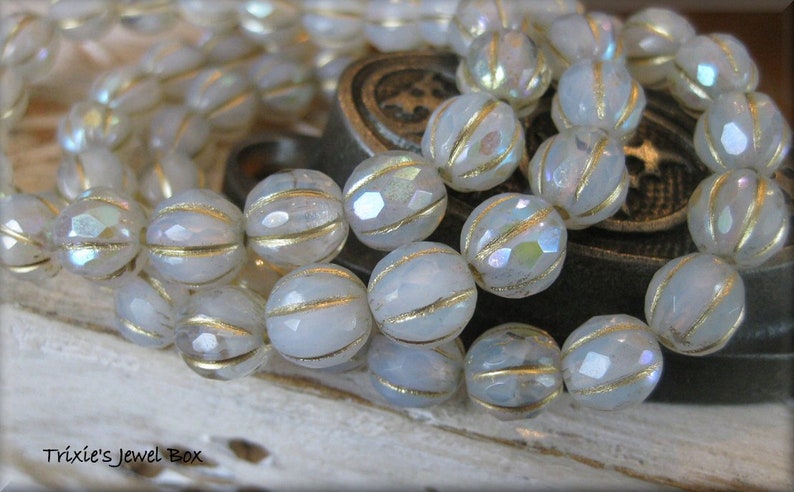 NEW 8mm FACETED Czech Glass Melon Bead White Opal and Clear Glass Marbled with AB Luster and Golden Wash, 20 Beads image 8